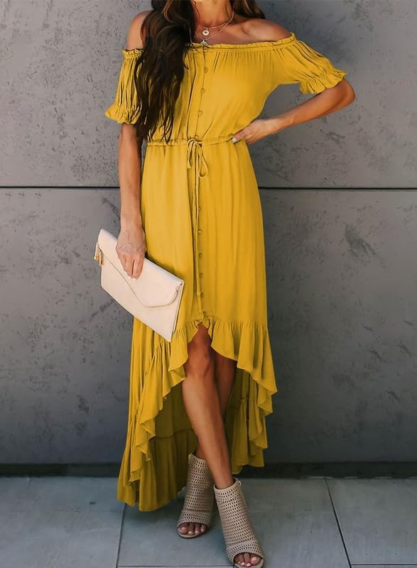 Dokotoo Womens 2024 Off The Shoulder Casual Short Sleeve Maxi Dress High Low Solid Cocktail Skater Dresses