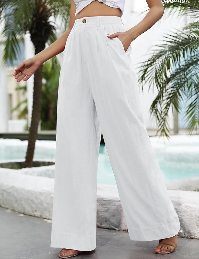 Kocowoo Linen Wide Leg Dress Pants for Women High Waisted Palazzo Pants Casual Lounge Beach Trousers with Pocket.