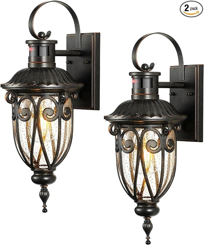 VIANIS Outdoor Motion Sensor Light, Dusk to Dawn Outdoor Light Fixtures, 2 Pack Outside Lights for House, Anti-Rust Bronze Outdoor Wall Lights for House, Garage, Entryway, Seed Glass, Vintage Style