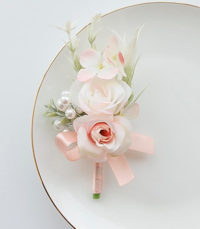 MAFELOE 2Pcs Men Boutonniere Corsage Set, Artificial Flowers for Groom Groomsmen Wedding Prom Party Ceremony Anniversary Formal Dinner Flowers Accessories Suit Decor- Pale Pink