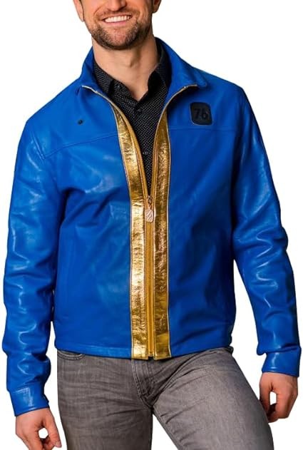 Trendsfort REAL LEATHER Mens Fall-Out Vault 76 Leather Jacket - Fall out Vault Jacket - Casual Blue Leather Jacket