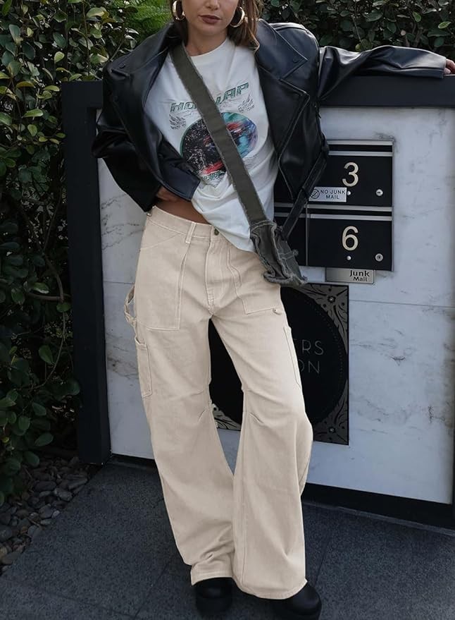 Darong Women's Cargo Pants Straight Wide Leg Casual Pants Trouser Y2K Pants with 6 Pockets