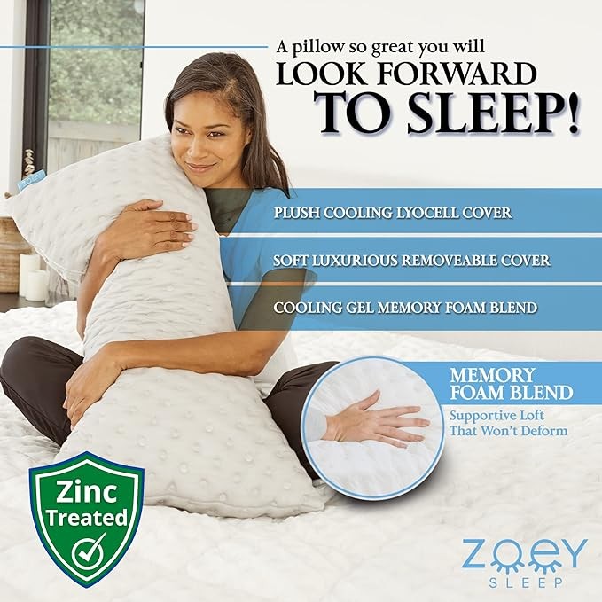 Zoey Sleep Side Sleep Pillow for Neck and Shoulder Pain Relief - Adjustable Memory Foam Bed Pillows for Sleeping - Plush Machine Washable Pillow Cover - Queen Size 19" x 29" (Queen, Grey)