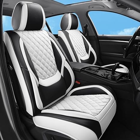 Car Seat Covers Full Set, Luxury Leather Waterproof Non-Slip Seat Protector Universal Fit for Most Cars SUVs Trucks Pick-ups,White and Black Car Accessories Interior(Full Set White)