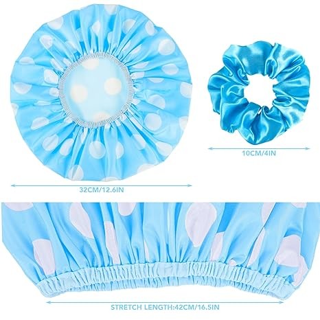 2 Packs Large Shower Cap, Waterproof Reusable Shower Cap Double Layers Hat Bath Caps with Hair Scrunchies for Home Spa Salon