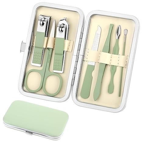 simarro Travel Manicure Set, 7 in 1 Manicure Pedicure Kit for Women, Stainless Steel Nail Clipper Personal Care Nail Tools Kit for Home Workplace Outdoor Travel(Matcha Green)